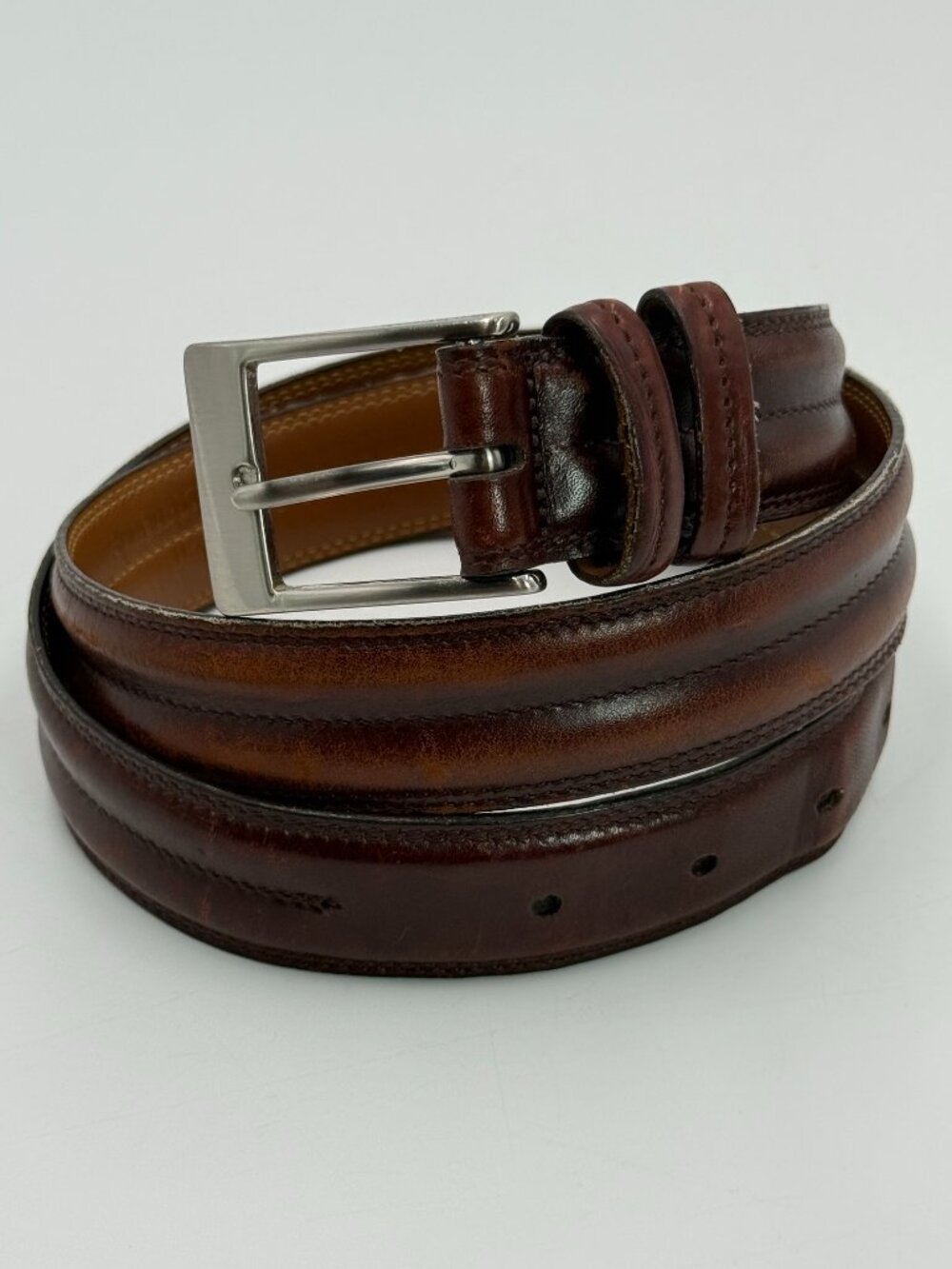 Allen Edmonds Brown Fully Leather Lined Handcrafted Belt Size 36 Silver Buckle
